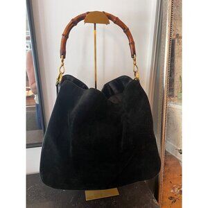 Gucci Black Suede Bamboo Handle Tote Bag With Leather Side Panels & Gold Hardwar